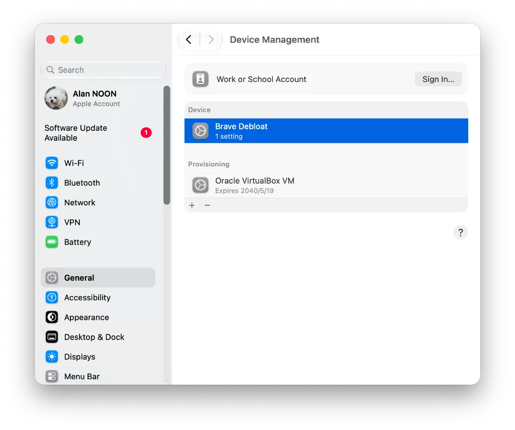 在 Device Management 中安装 Brave Debloat 描述文件 系统设置中的 Brave Debloat 描述文件