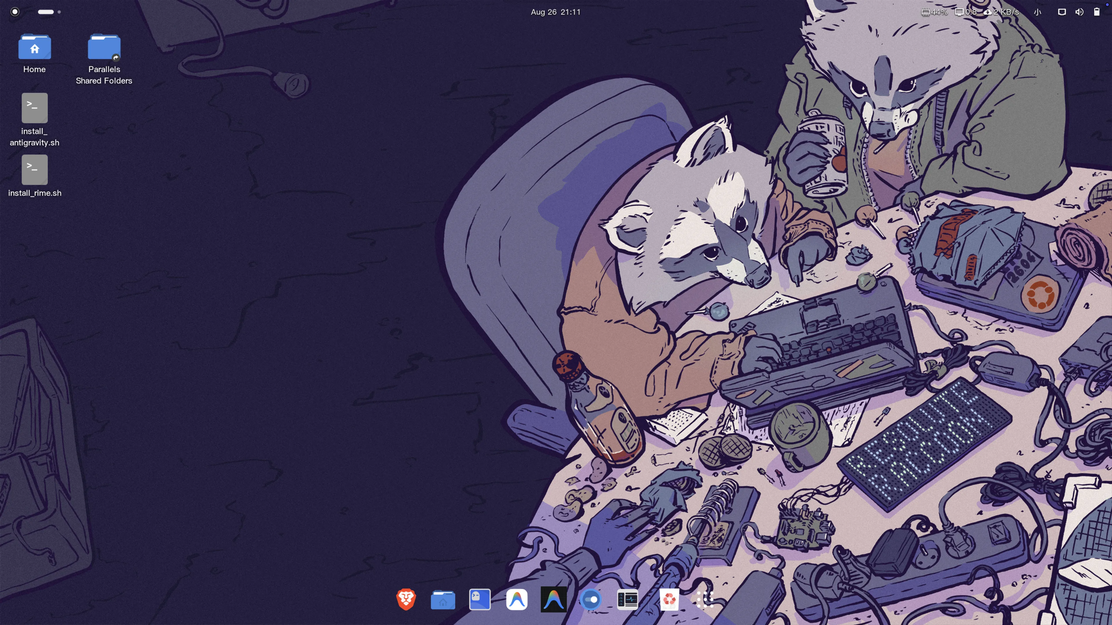 Ubuntu 全透明顶栏与居中悬浮 Dock 最终效果 Ubuntu 全透明顶栏与居中悬浮 Dock 最终效果